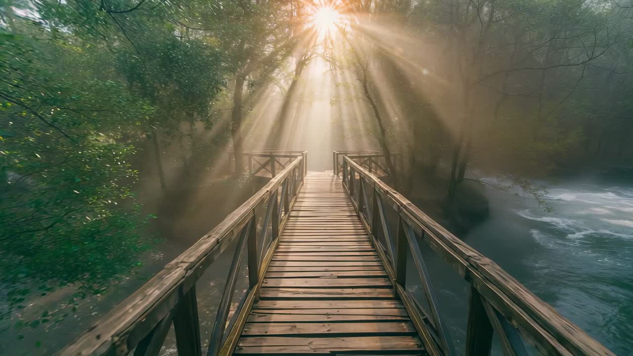 Sunlight intensifying through canopy revealing wooden footbridge in misty morning at river crossing