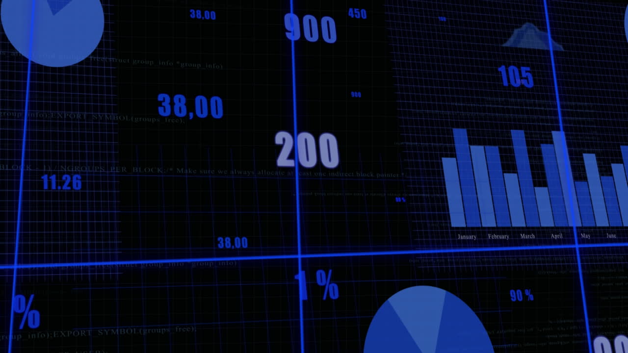 Animation of arrows and financial data processing over grid