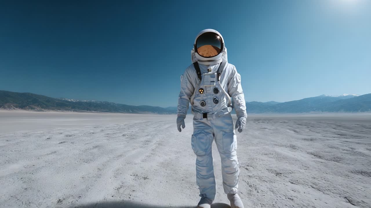 Un Astronauta con un Casco Riflettente Naviga un Paesaggio Desolato Sotto un Cielo Azzurro e Limpido, Evidenziando l'Isolamento e l'Esplorazione di Ambienti Extraterrestri