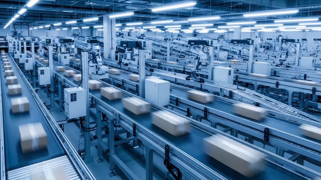 High-Tech Warehouse Automation: A Seamless Flow of Packages in a Modern Distribution Center Featuring Advanced Conveyors and Efficient Logistics Systems