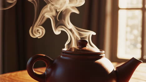 steaming teapot in warm sunlight