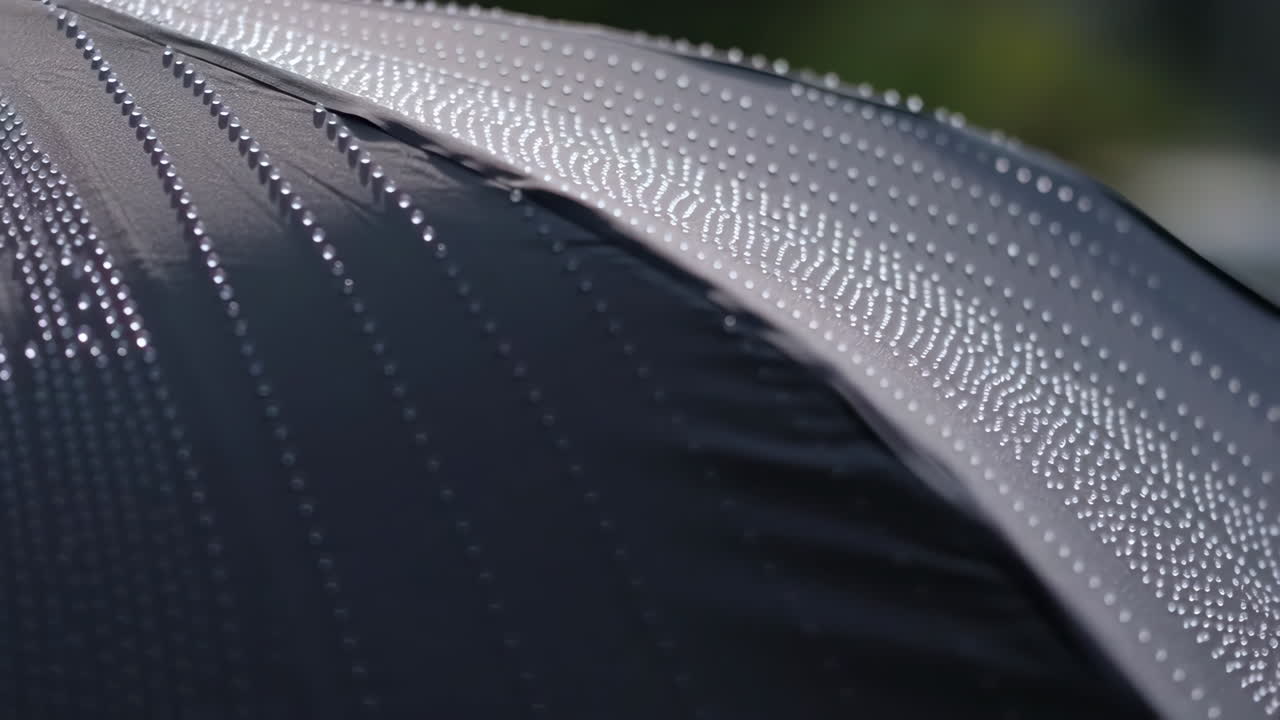 Close-up of water droplets on a dark, textured surface