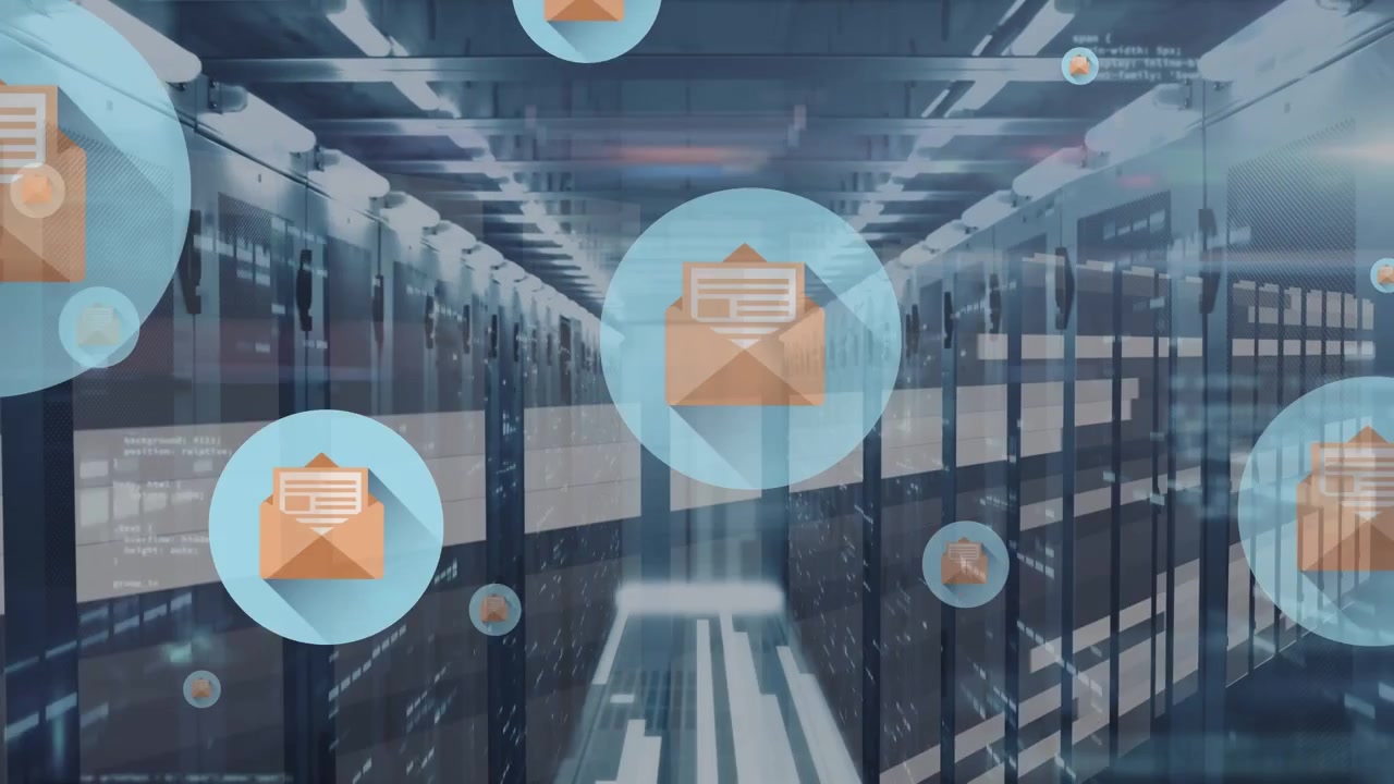 Animation of file icons over server room