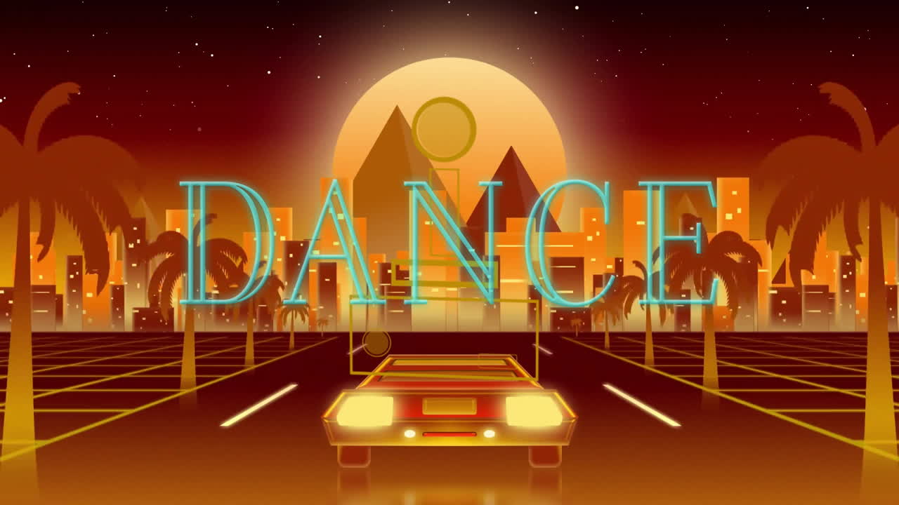 Animation of dance text over car driving on road