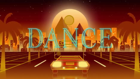 animation of dance text over car driving on road