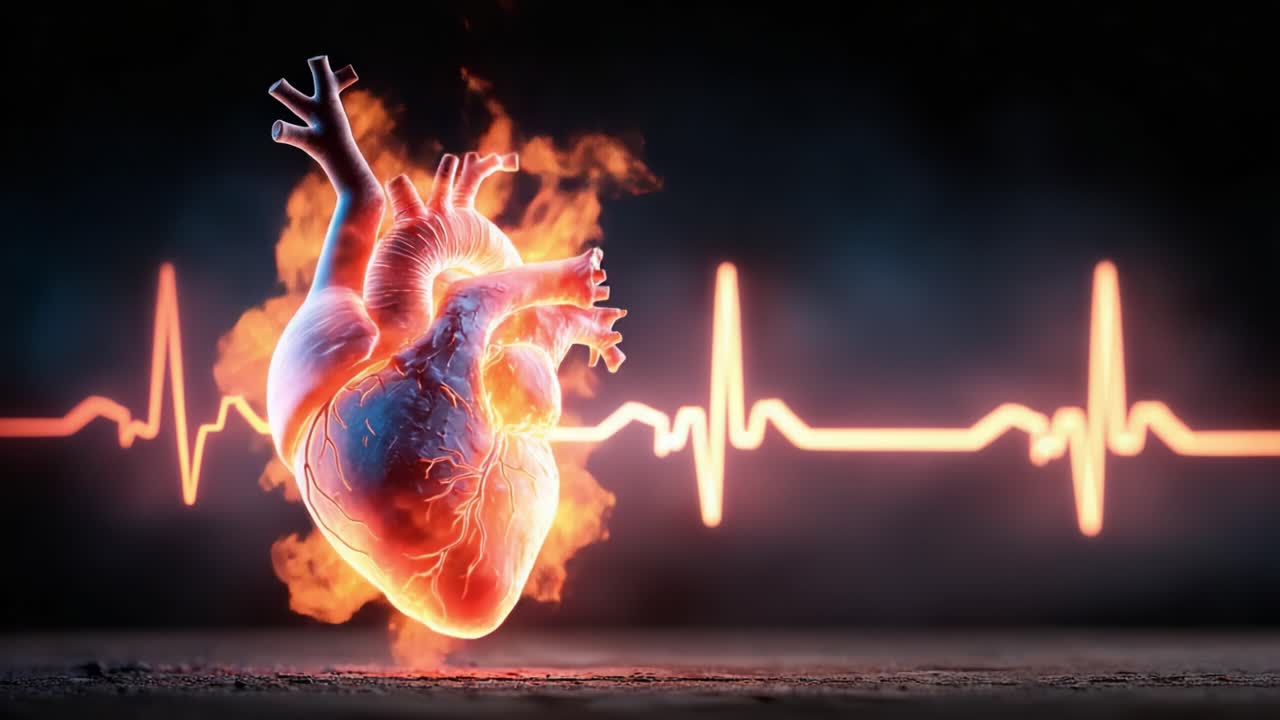 A Stunning Representation of a Heart in Motion, Bursting with Flames and Energy, Captured in a Visual Symphony of Life and Vitality with an Electrifying Pulse Line