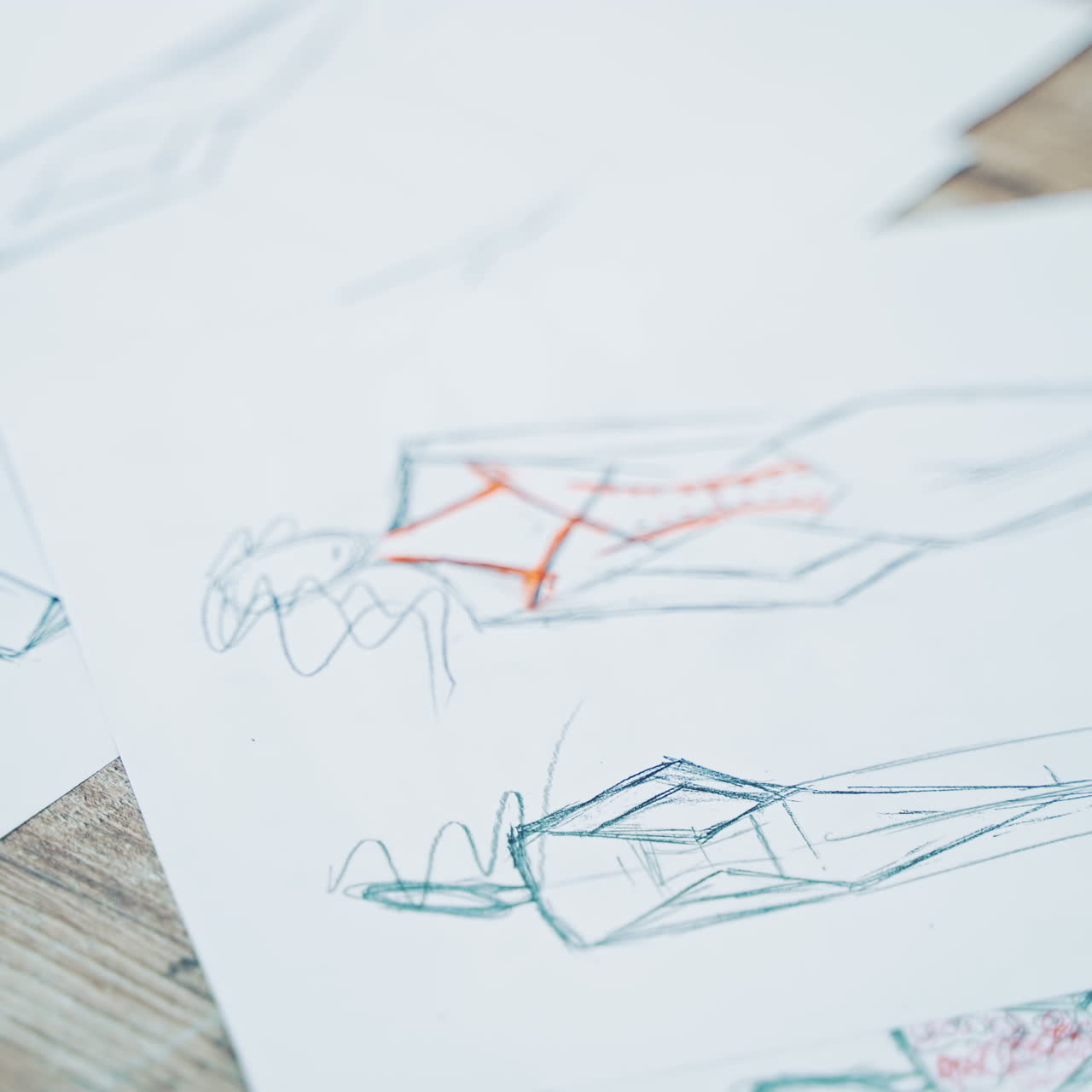 Different stylish sketches of clothes on the sheets of papers lying on the table. A lot of creative works of a fashionable designer painted on papers.