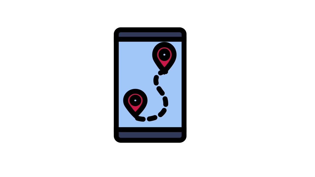 Smartphone che visualizza un percorso di navigazione animato con segnaposto di posizione