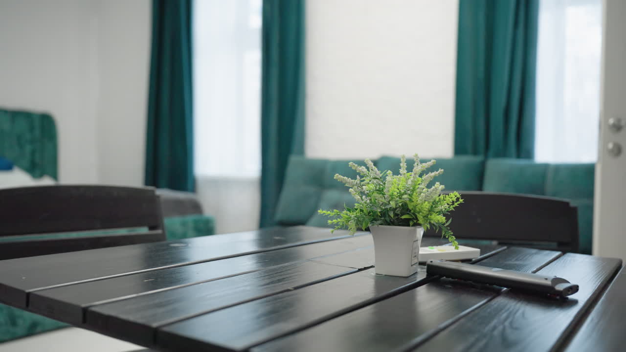 Close-up shot of a black wooden table with a small potted plant, smartphone, and remote control. Green velvet sofa and white door in the background create a modern, cozy apartment ambiance