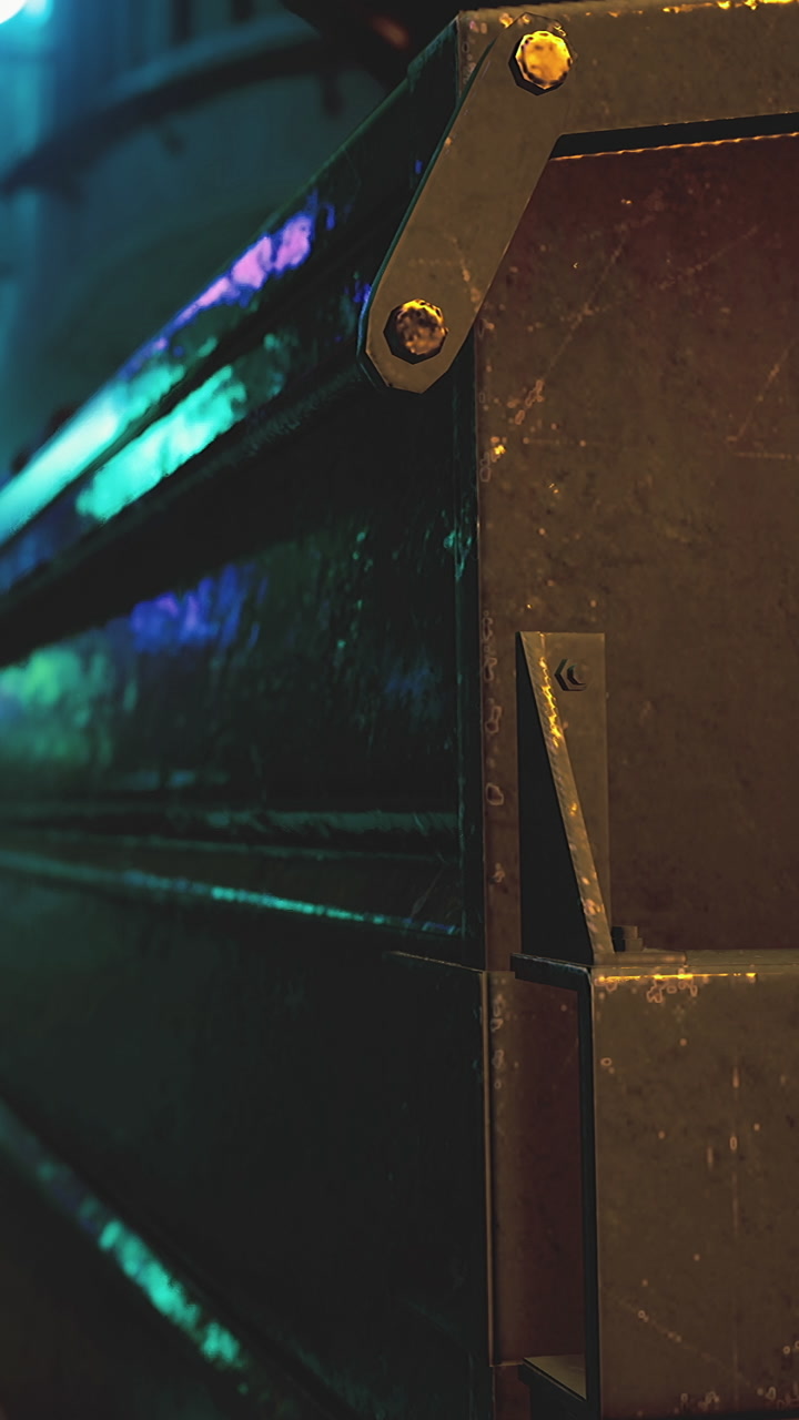 Metal storage container beside a colorful wall in a dimly lit alley