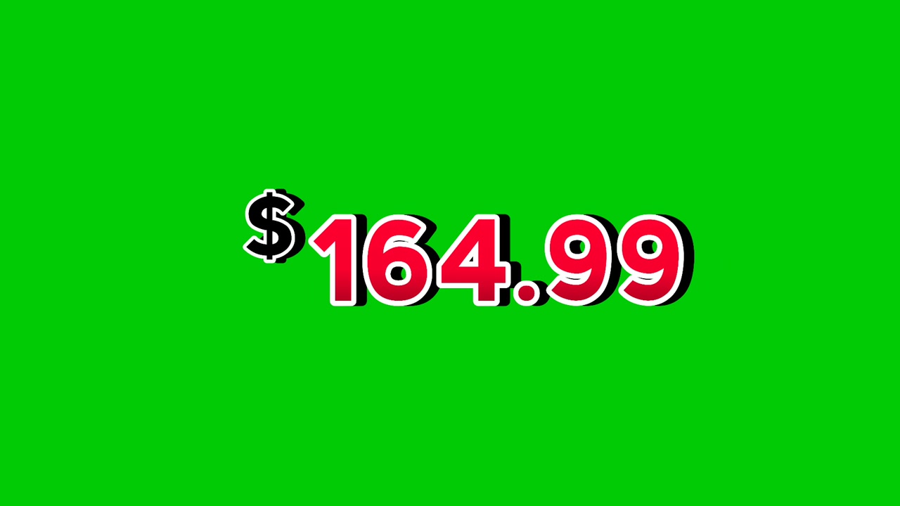 Yeşil ekran arka planında duman efektli, animasyonlu kırmızı 164,99 dolar fiyat etiketli hareketli grafikler. Reklamlar, e-ticaret, perakende, indirimler ve tanıtım videoları iş konsepti video öğesi için mükemmel.