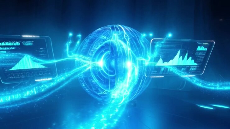 Futuristic Digital Sphere with Data Streams and Holographic Interfaces