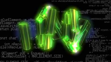Animation-of-3d-glowing-shapes-data-processing-and-dark-background