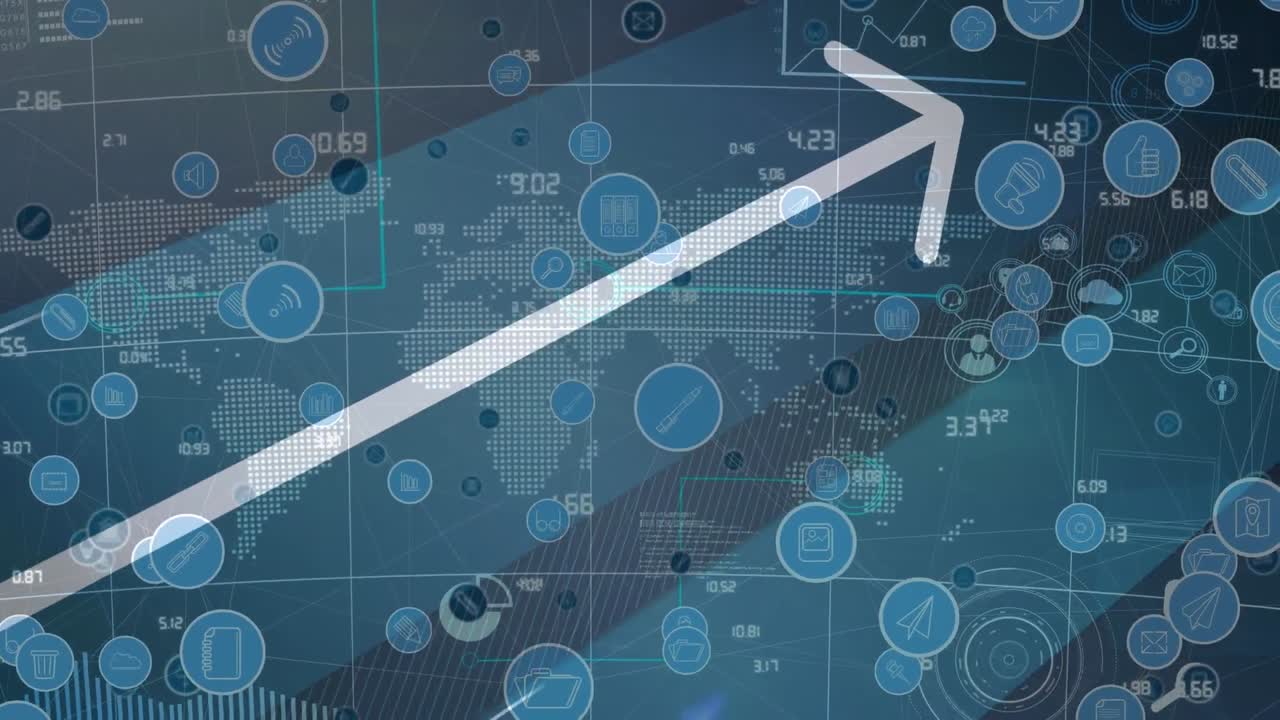 animación de iconos digitales y procesamiento de datos con flecha blanca sobre el mapa del mundo en el fondo