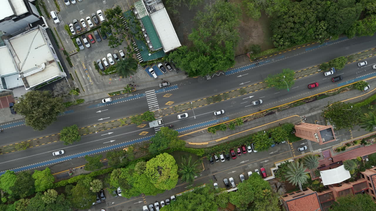 Drone shot capturing the bustling roads surrounding Avenida Cañasgordas in Cali. The greenery and urban architecture create a vibrant cityscape under natural daylight in a static shot