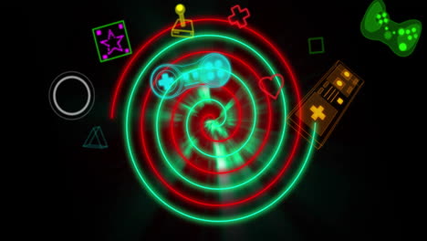 animation of video game icons moving over neon circles on black background