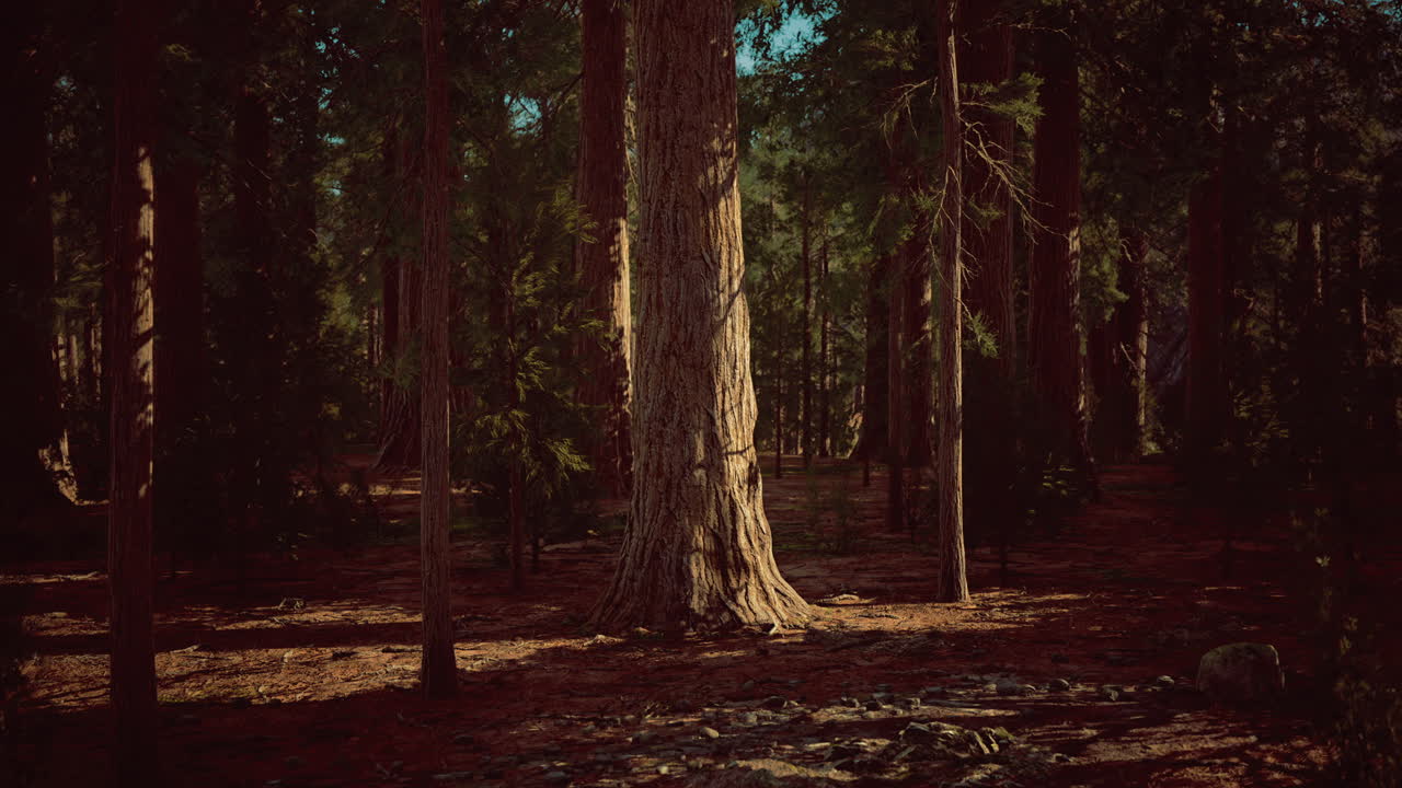 Tall trees glow in golden sunlight under a peaceful forest canopy