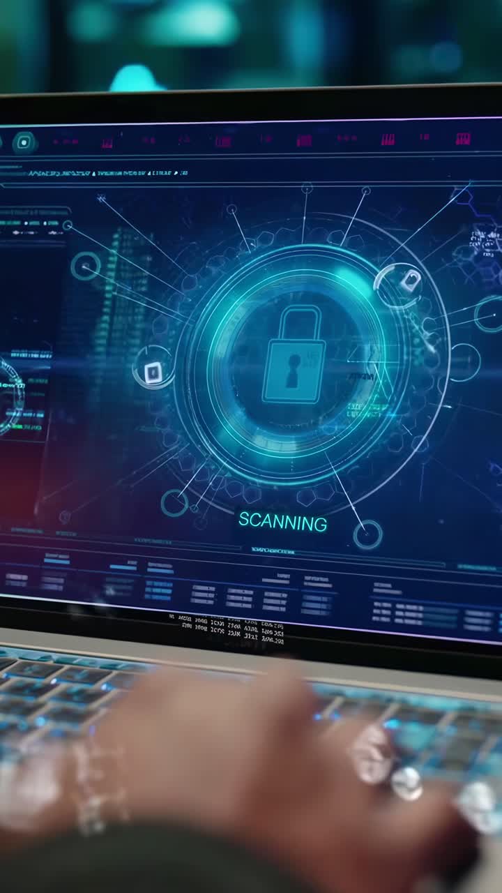 Man Typing on Laptop with Cybersecurity Interface