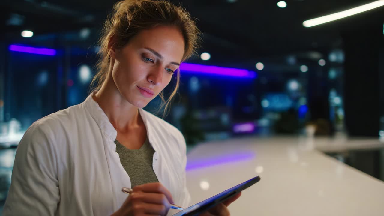 A focused woman in a modern setting intensely utilizes a tablet for work or study, surrounded by sleek design and ambient lighting, showcasing the intersection of technology and concentration