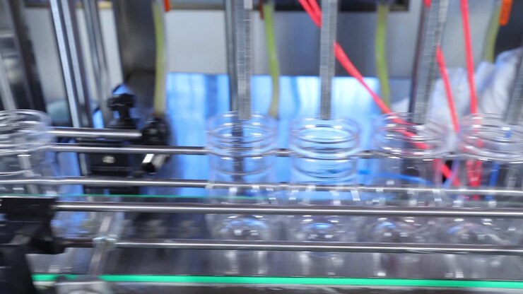 Production line of juice on beverage plant or factory, modern computerized industrial equipment. Fresh juice in plastic bottles