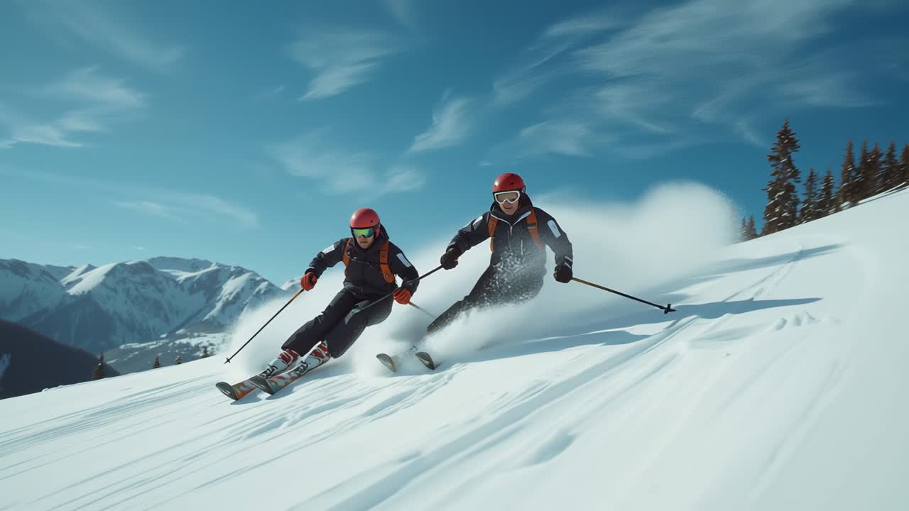 Two adult skiers pushing off, carving turns down groomed alpine slope for fun, with skis poles