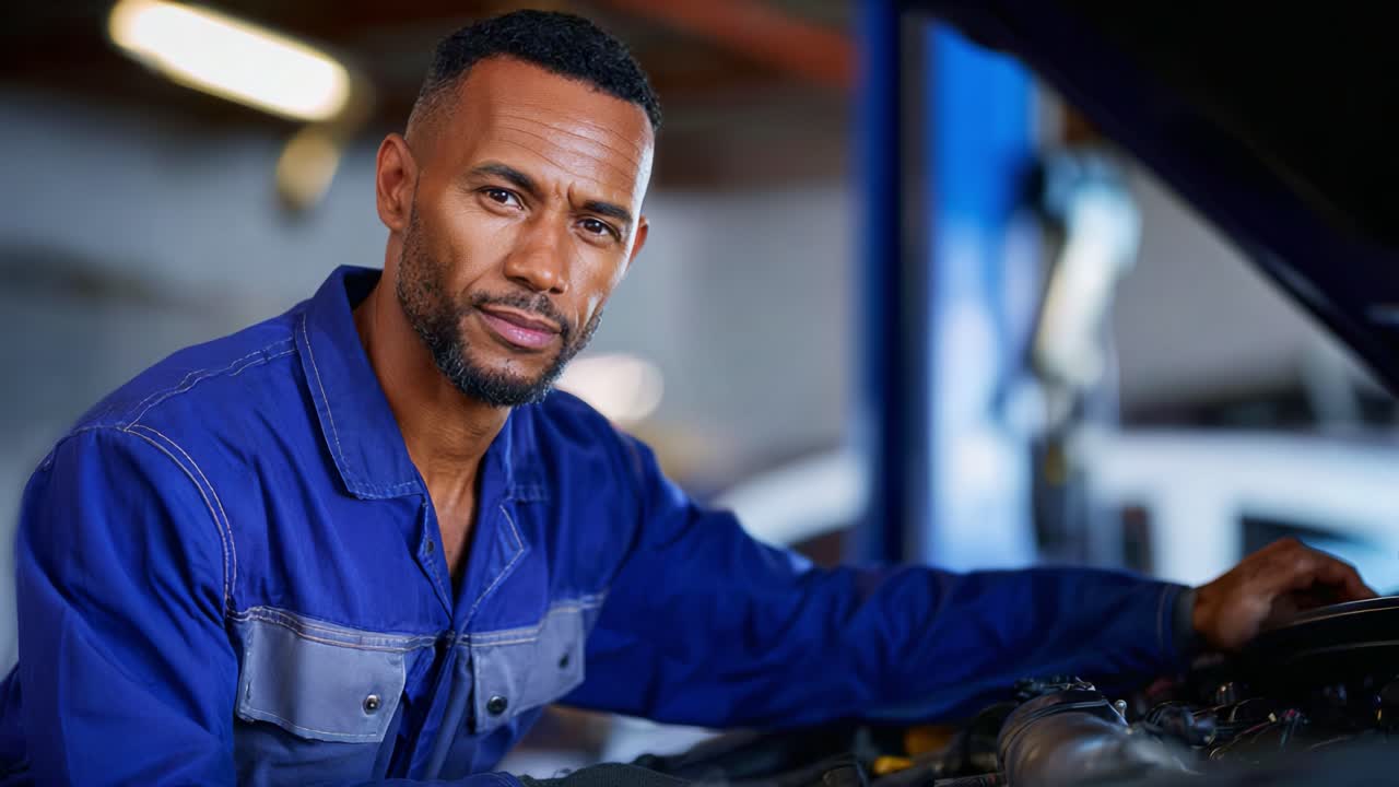 A Skilled Mechanic Posing Confidently Next to a Vehicle Engine in an Auto Repair Shop, Showcasing Expertise and Professionalism in Car Maintenance