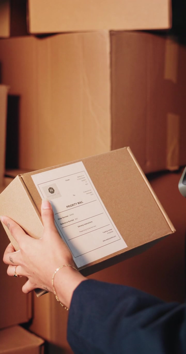 Trabalhador de armazém escaneando etiqueta de envio em caixa de papelão
