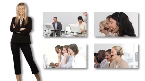 Collage-Aus-HD-Videomaterial-Eines-Business-Callcenters