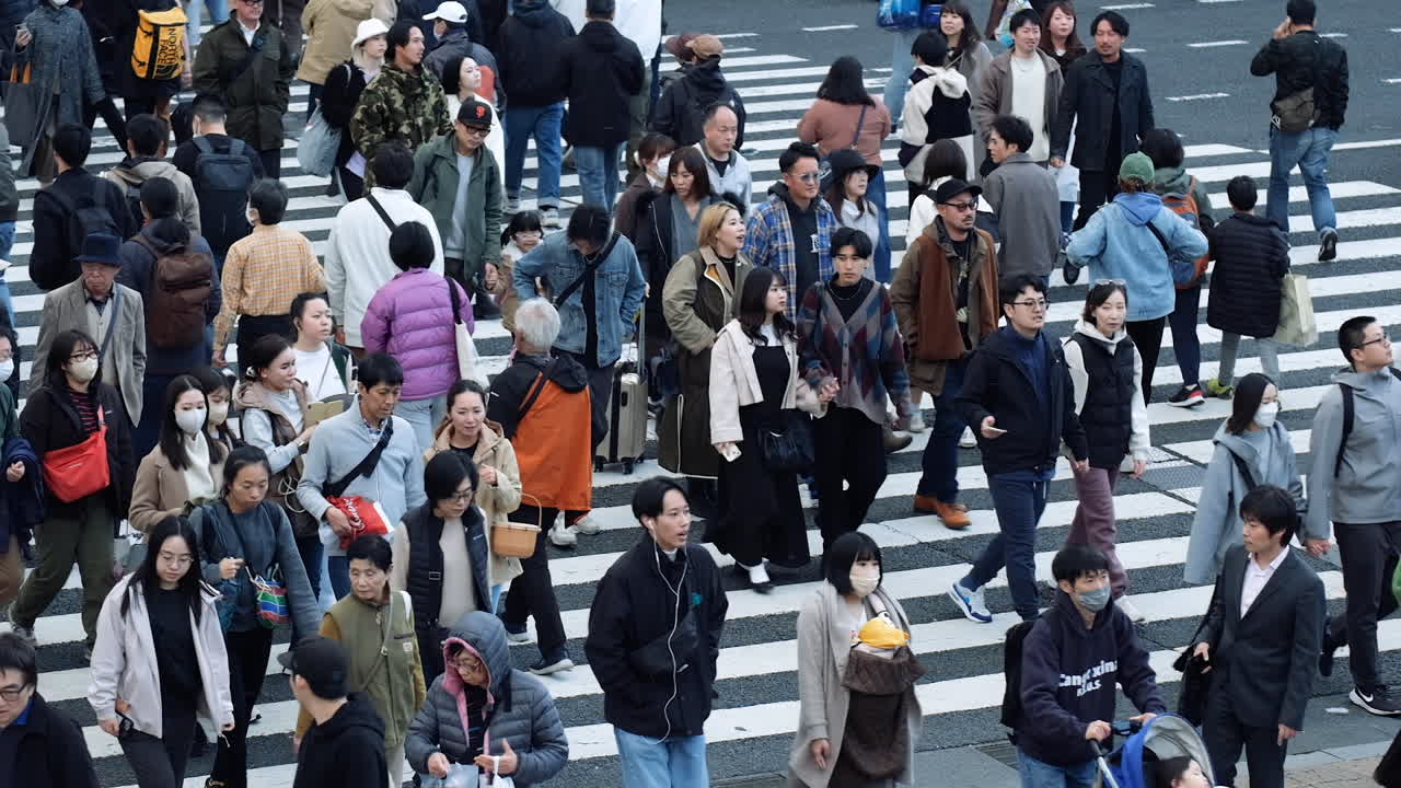 Busy Street Crossing with Crowds of People Walking