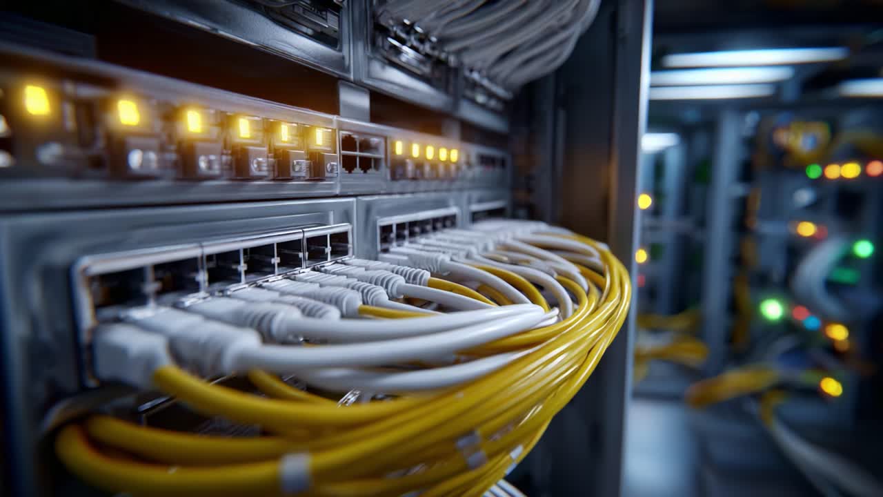 Close-up View of Network Switches and Ethernet Cables Featuring Vibrant Lighting in a Server Rack, Highlighting Connectivity and Data Management Technology