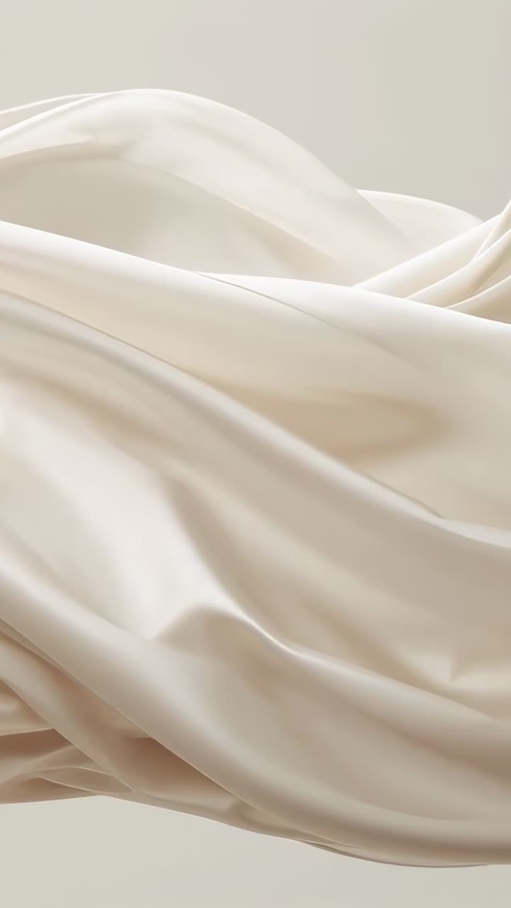 Video verticale: tessuto di raso color crema increspato che si sposta per la ventola fuori campo in studio, con luce soffusa