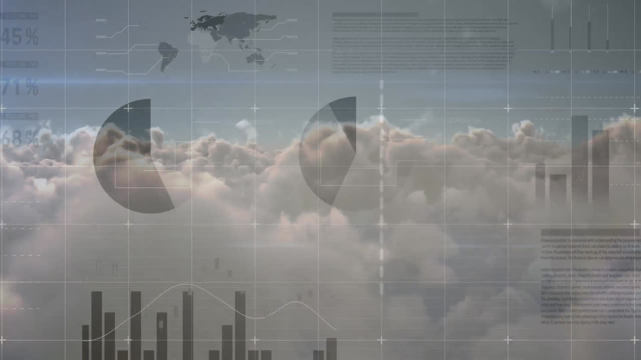 композитное видео обработки статистических данных на фоне облаков в голубом небе