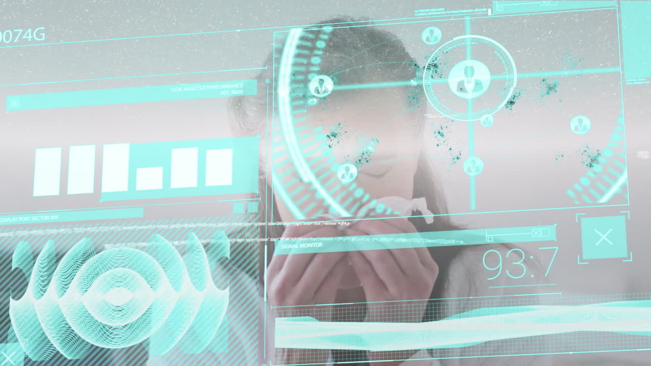 animación del procesamiento de datos sobre el estornudo de una mujer caucásica