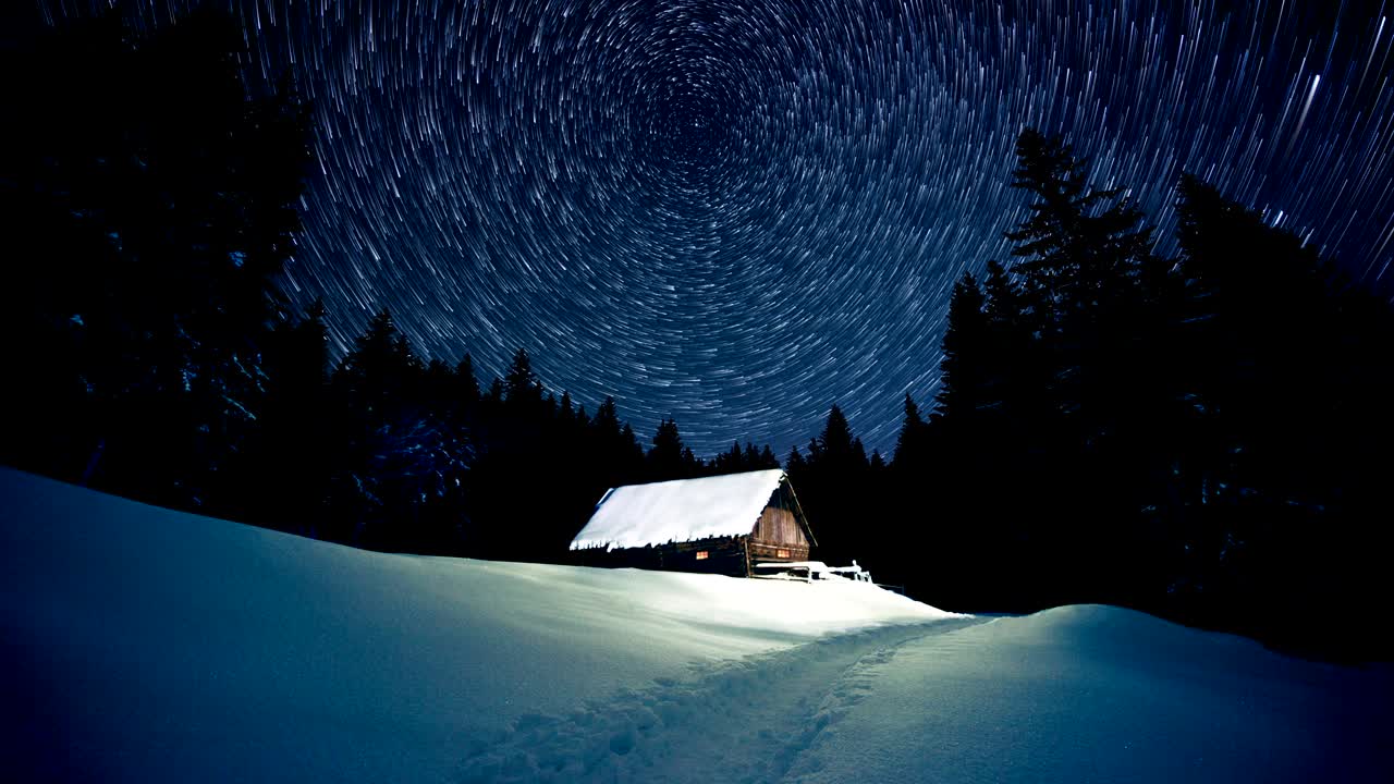 타임 스: 겨울 숲의 나무 집 위의 별의 원
