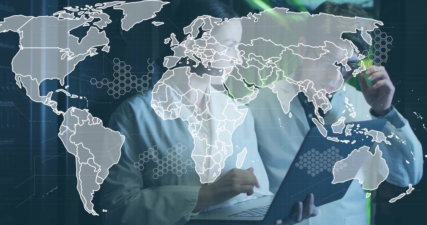 woman scientist tapping laptop analyzing network data as male colleague observing world map overlay