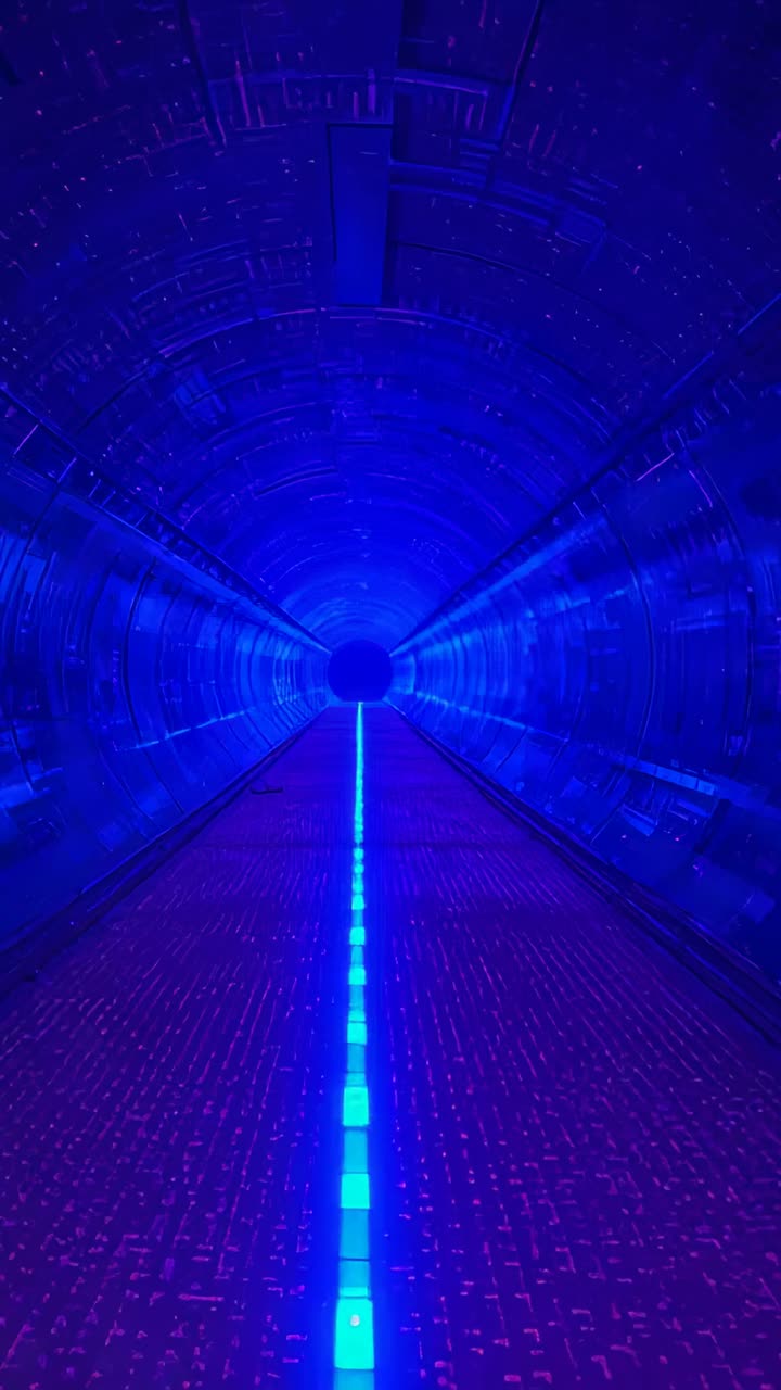 Vertical video: Gliding camera moving forward through lit tunnel in exhibit, revealing blue LED