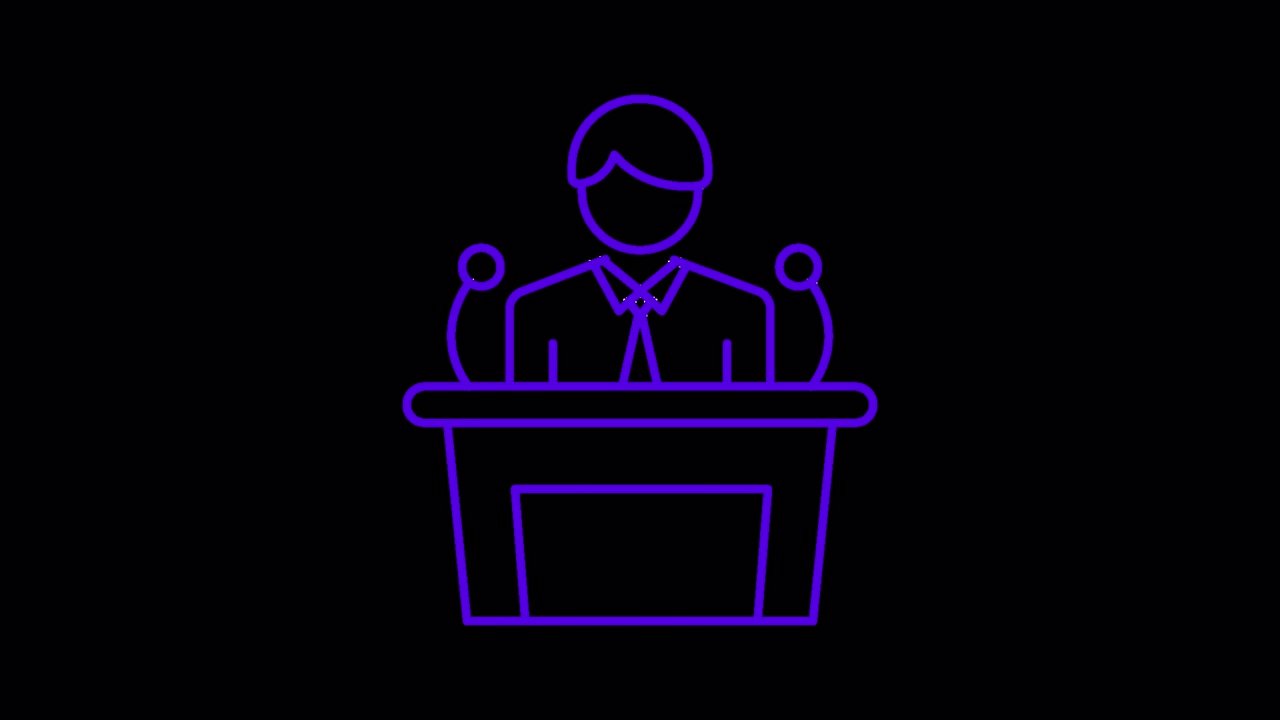 Animated Icon of a Speaker at a Podium with Microphones