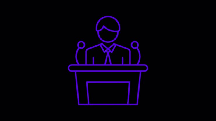 Animated Icon of a Speaker at a Podium with Microphones