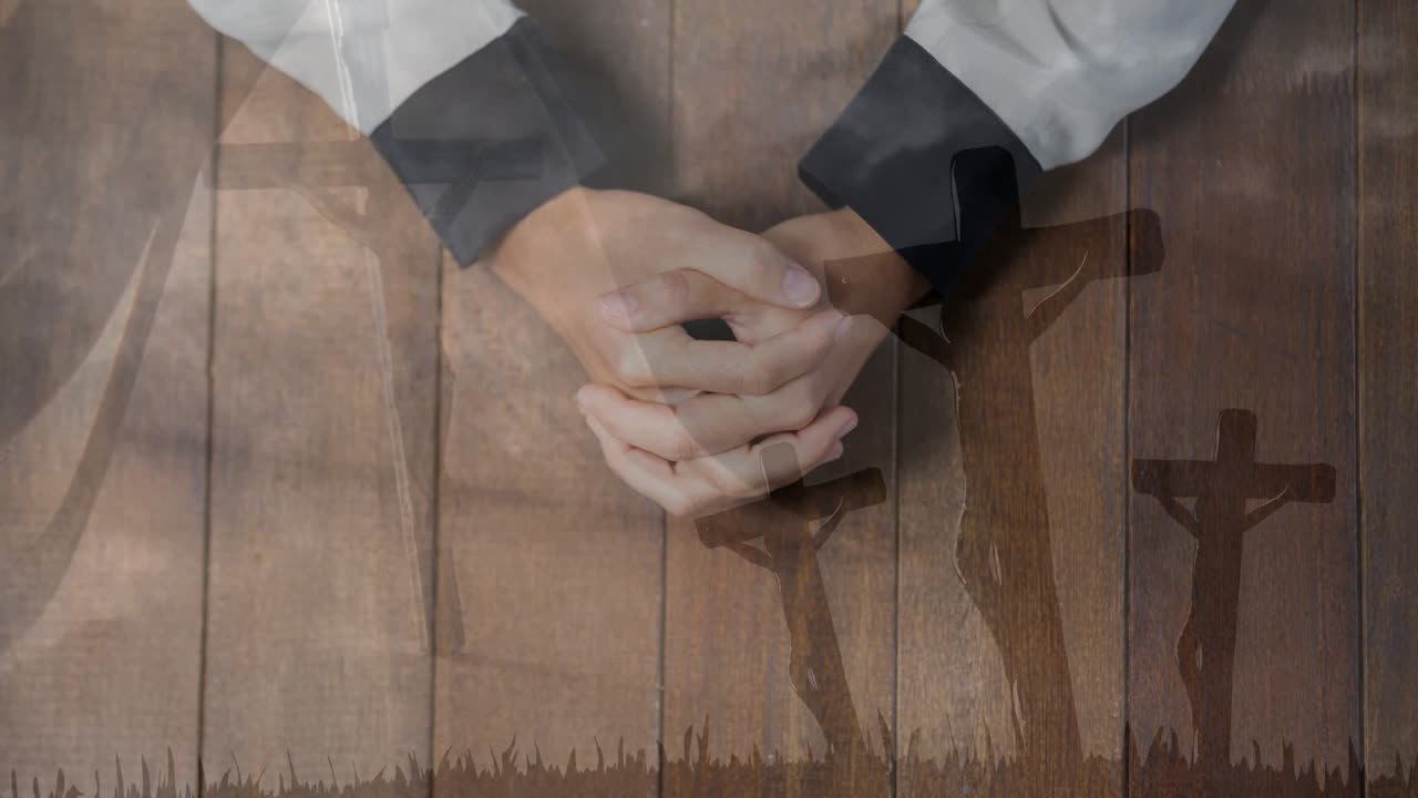 Progression revealing folded hands on tabletop with crosses emerging as solid form showing devotion