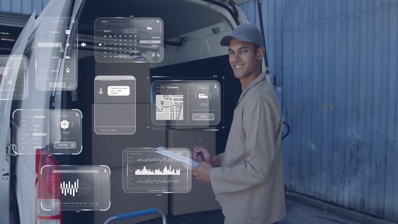 animación de datos en las pantallas sobre el repartidor caucásico