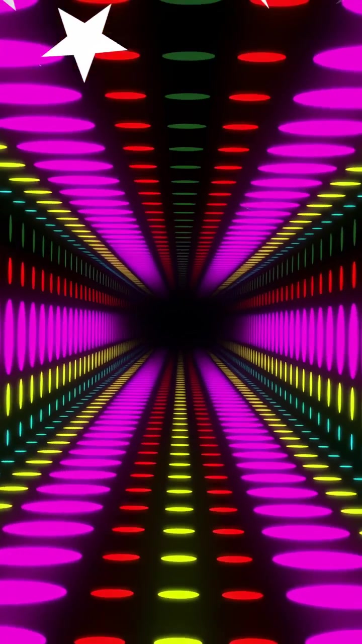 Video verticale: Sprite a forma di stella che entrano in un tunnel al neon, bande magenta che pulsano verso l'interno per simulare il movimento