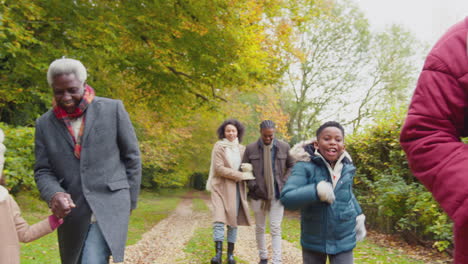 Una-Familia-Multigeneracional-Sonriente-Caminando-Por-El-Campo-Otoñal-Junto-Con-Sus-Nietos-Corriendo-Delante,-Filmados-En-Cámara-Lenta