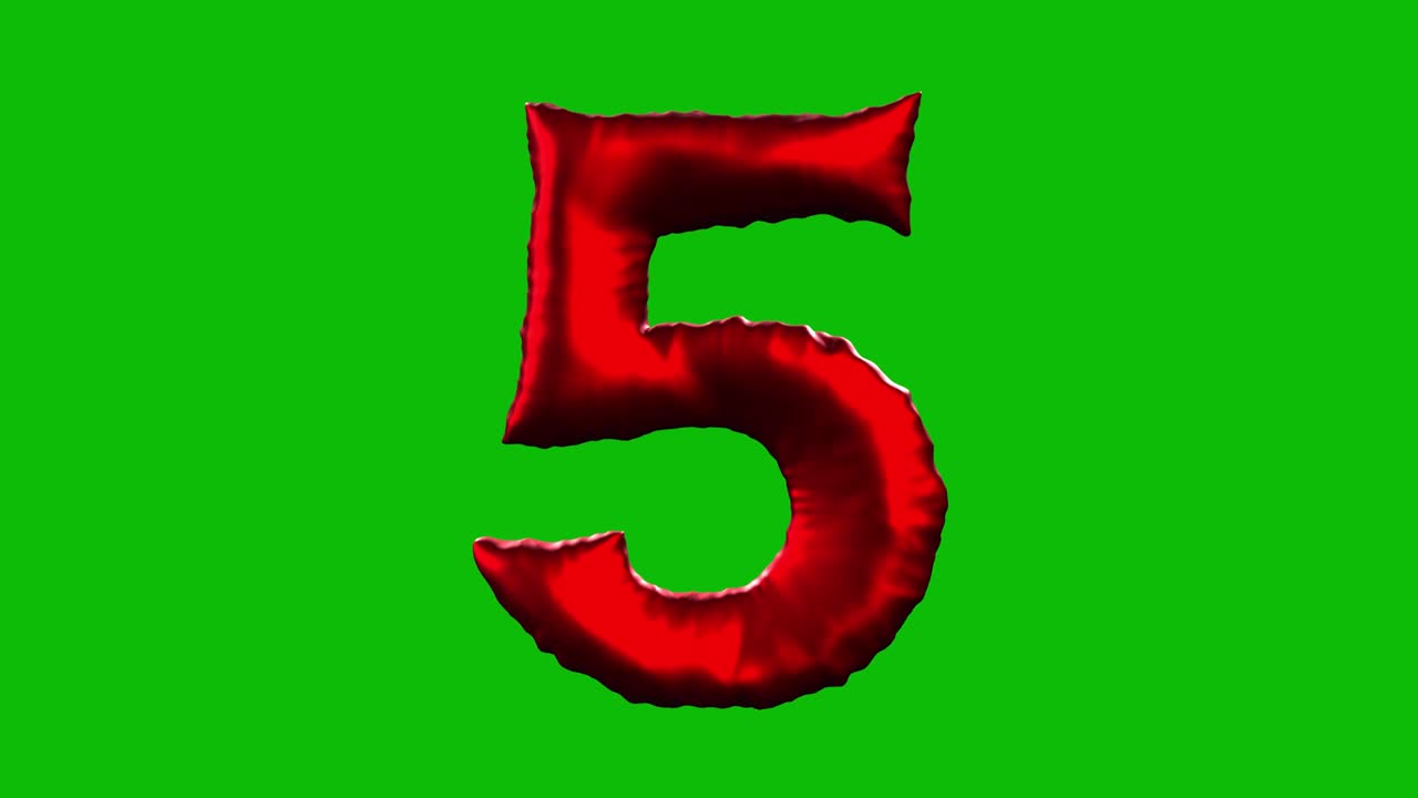 Red Foil balloon number 5 inflates, spins, and reveals on green screen in 3D animation. Ideal for celebrations, parties, birthdays, and video editing projects