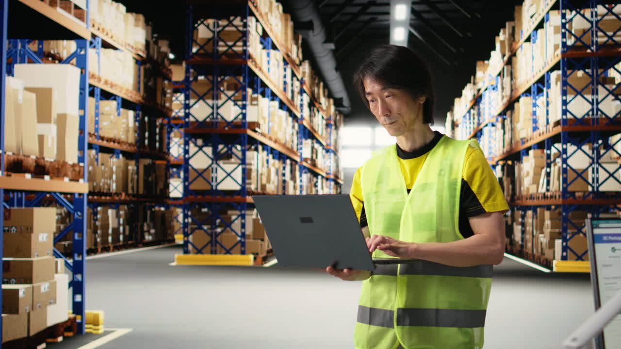 Vertical Video Warehouse employee in hi vis vest preparing packages for local delivery