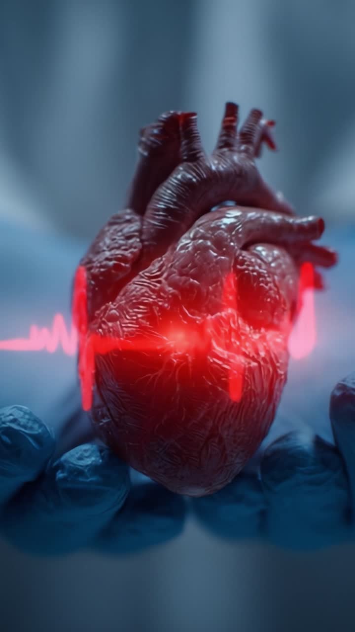 Capturing the Essence of Life: A Close-Up of a Human Heart As It's Held in Gloved Hands with a Pulse Line Illustrating Vital Signs and Heartbeat Rhythms