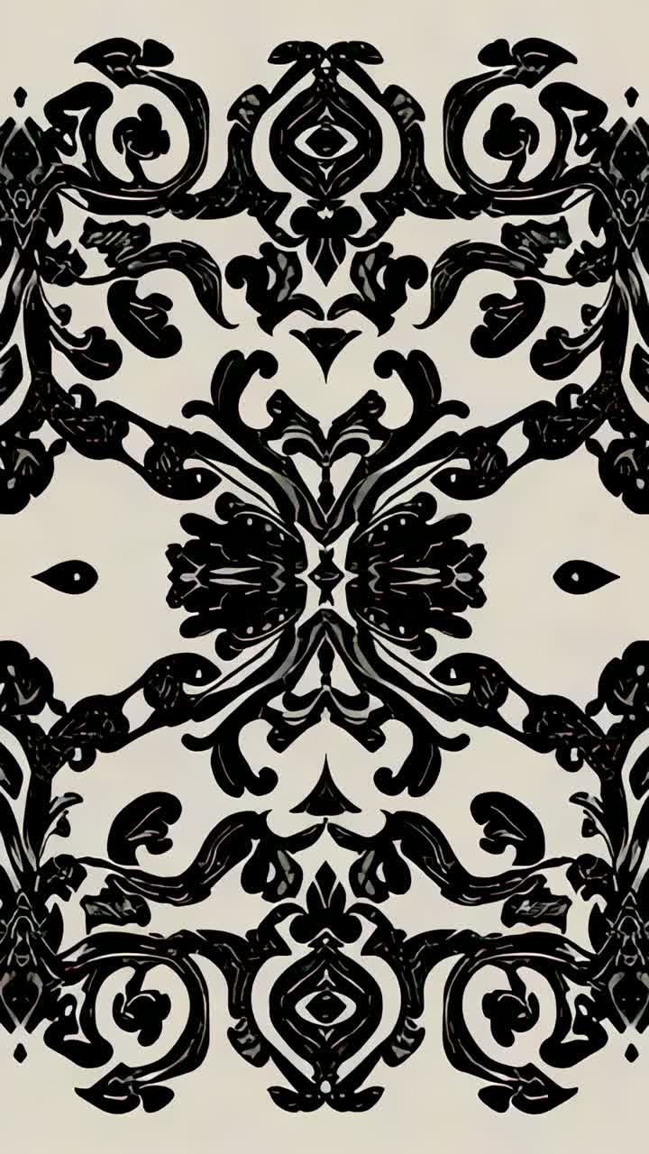 Vertical video: Panning camera showing black damask shifting upward to reveal repeat on beige wall