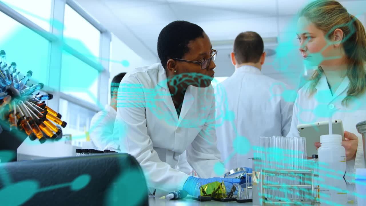 Animation of chemical formula and data processing over diverse scientists doing experiments