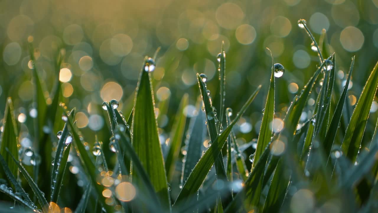 Close-up video shot of dewy grass blades at sunrise, capturing sparkling bokeh in the background