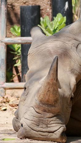 un rinoceronte descansando pacíficamente en su recinto