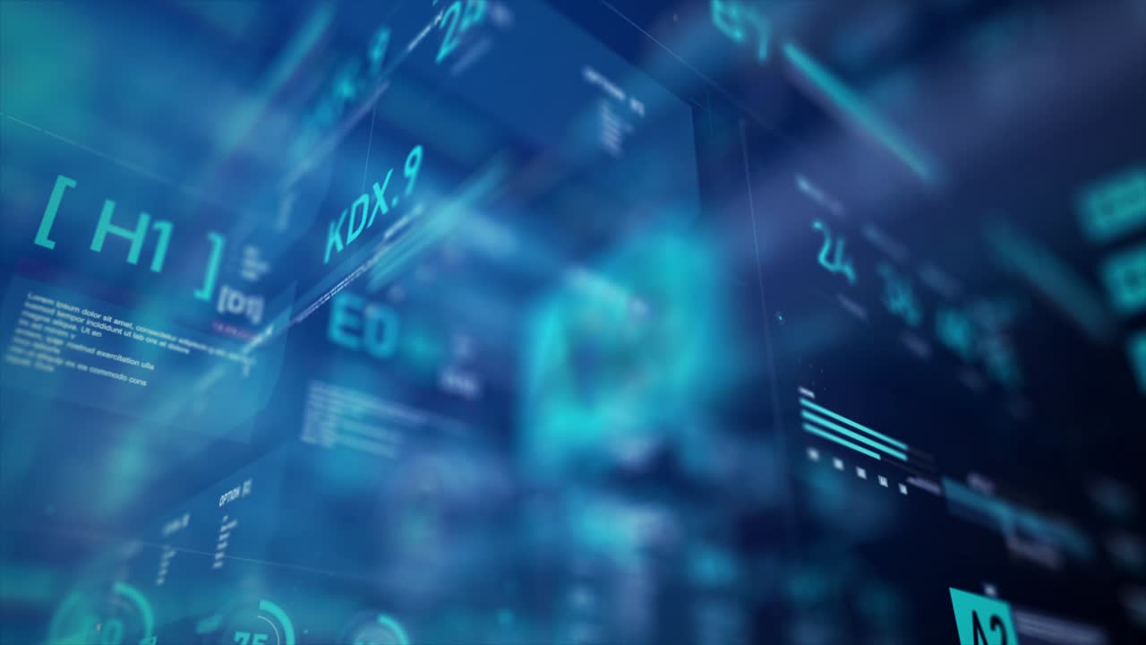 punto de vista cámara móvil pasar a través de la interfaz de usuario holograma, para la tecnología cibernética concepto futurista con un efecto de profundidad de campo